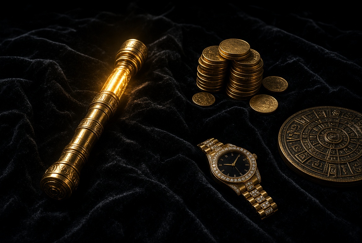 Reliques d’or : lame, pièces, montre